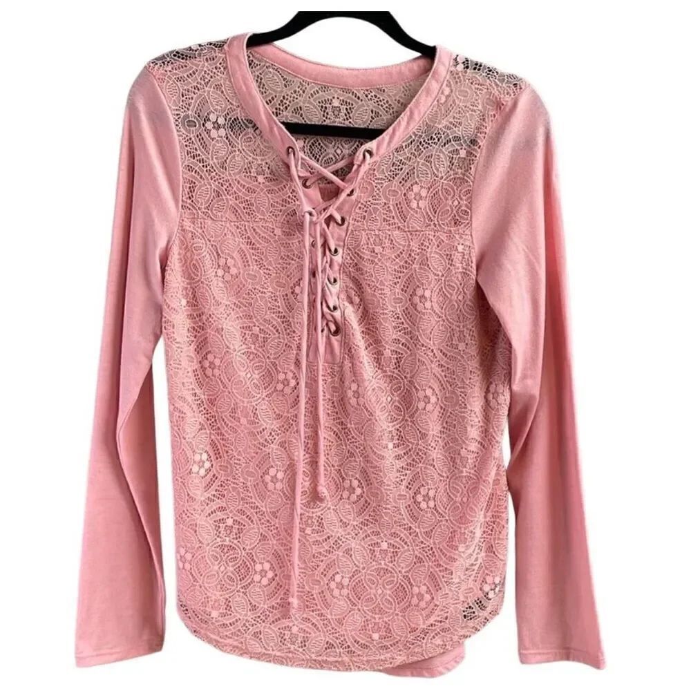 Women’s Lace Peasant Fairycore Feminine Pink Long Sleeve Lace Top